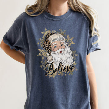 Retro Santa, Believe, Christmas, Leopard Print, Comfort Colors Tshirt