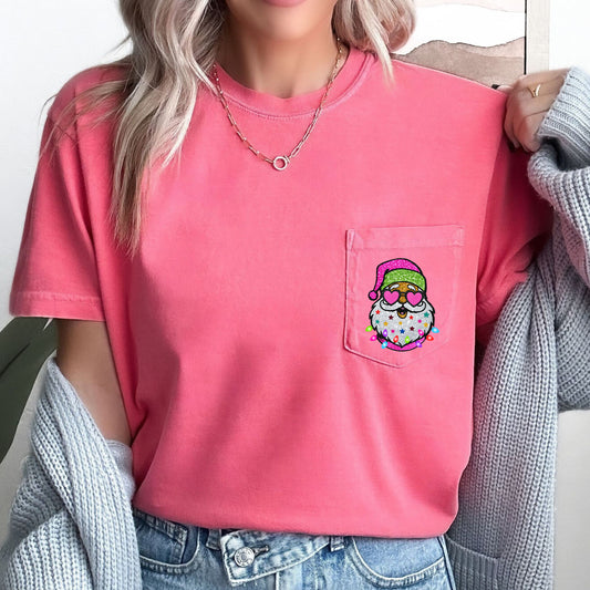 Retro Santa, Faux Glitter, Christmas Pocket Tee