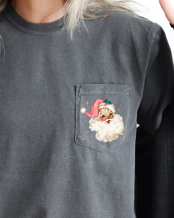 Retro Santa, Sparkles, Pocket, Pink Hat, Christmas, Winter, Snow, Xmas Pocket Tee Comfort Colors T-Shirt