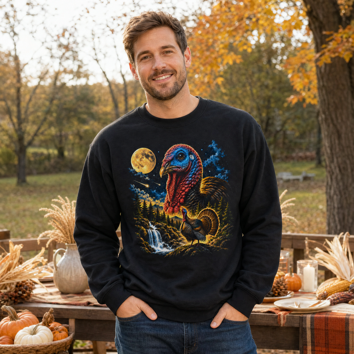 Model wearing the Retro Turkey sweatshirt in Black, lifestyle image 1