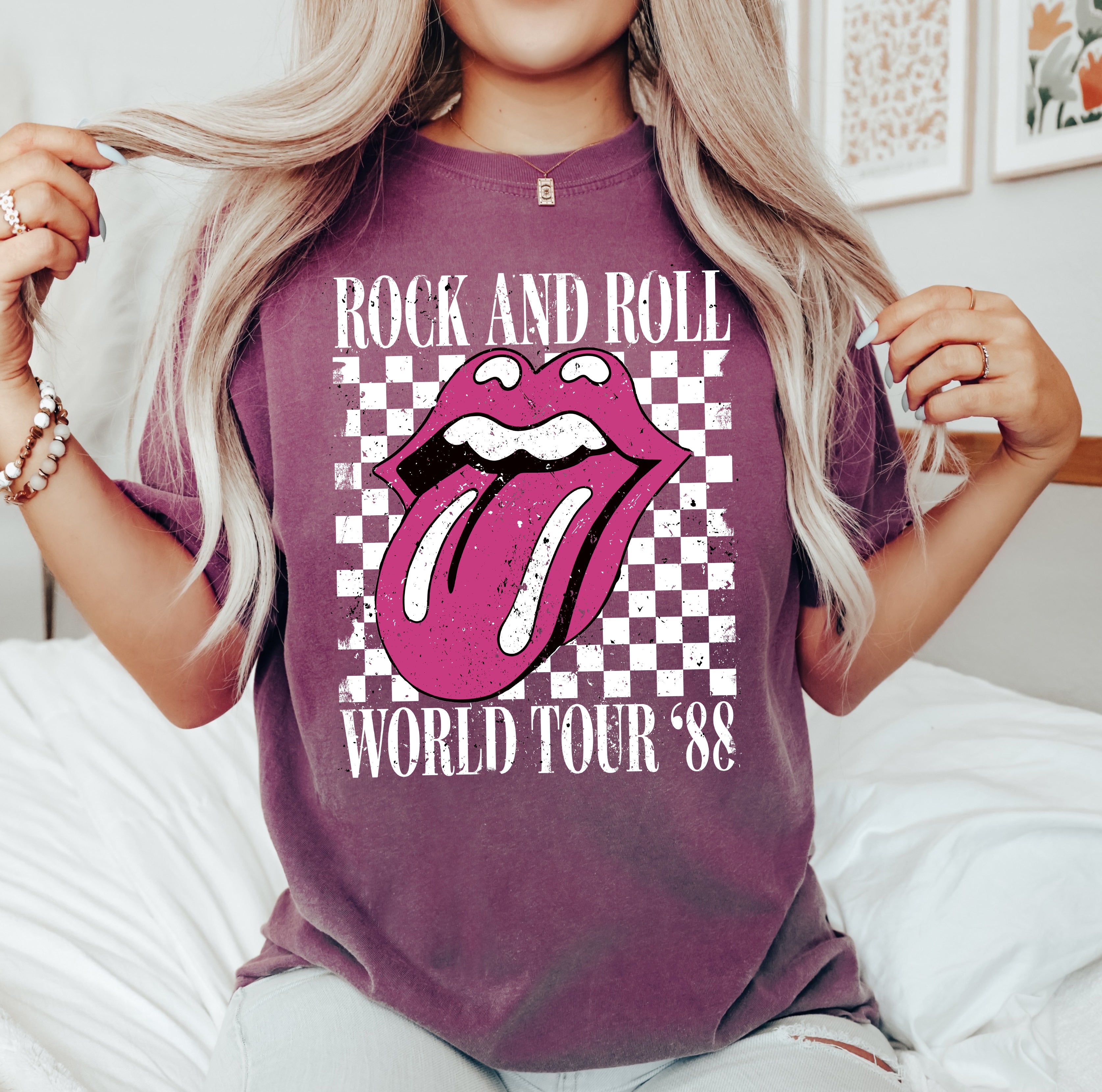 Rock and Roll World Tour, Lips and Tongue, Checkered, 80s Rock, Retro, Classic Rock Tshirt Comfort Colors T-Shirt, Small / Berry, image size:3349x3319