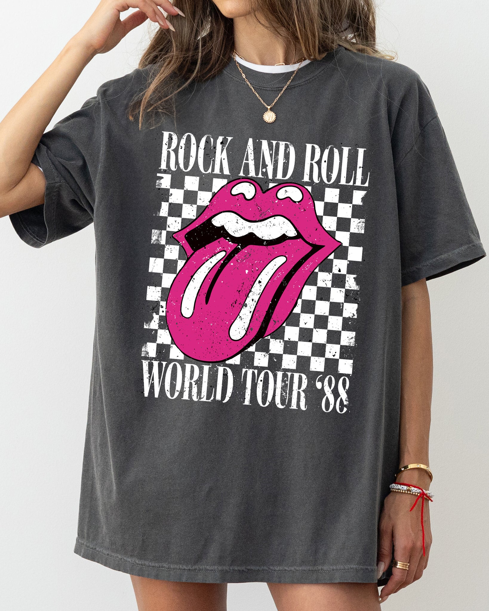 Rock And Roll World Tour, Lips and Tongue, Checkered, 80s Rock, Retro, Classic Rock Tshirt Comfort Colors T-Shirt