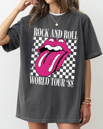 Rock And Roll World Tour, Lips and Tongue, Checkered, 80s Rock, Retro, Classic Rock Tshirt Comfort Colors T-Shirt