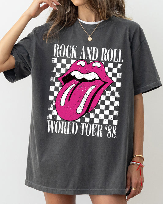 Rock And Roll World Tour, Lips and Tongue, Checkered, 80s Rock, Retro, Classic Rock Tshirt