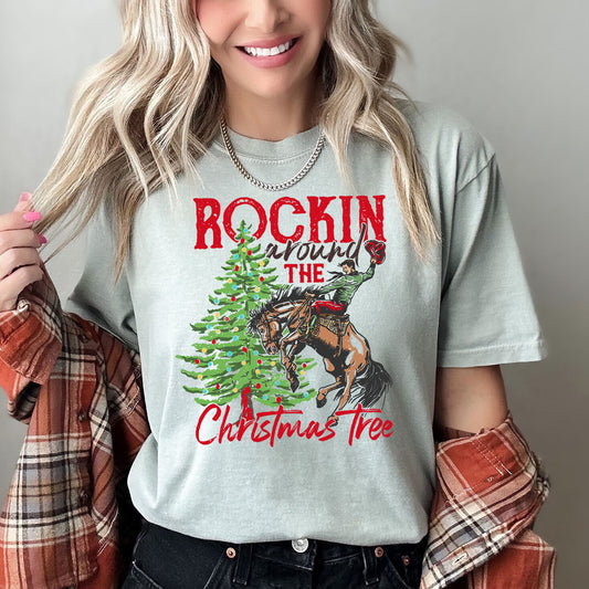 Rocking Around The Christmas Tree, Cowboy, Horse, Rodeo, Comfort Colors Tshirt