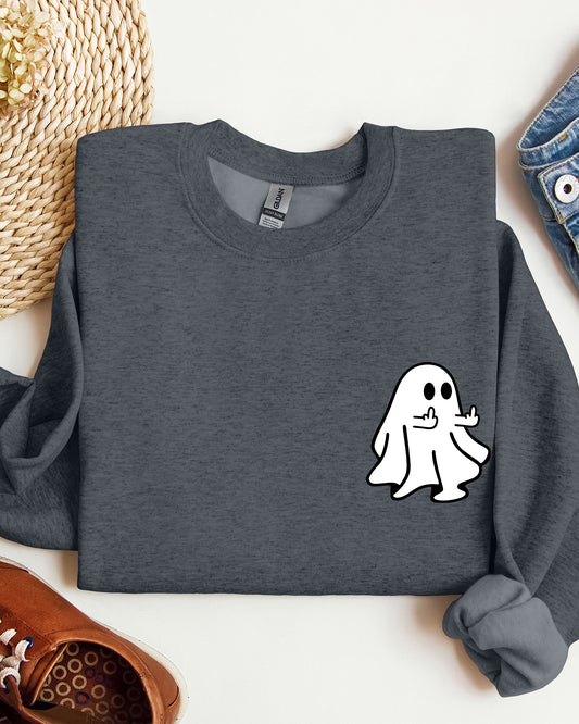 Rude Ghost Pocket Print, Middle Finger, Crude, Vulgar, Funny, Meme, Halloween Sweatshirt