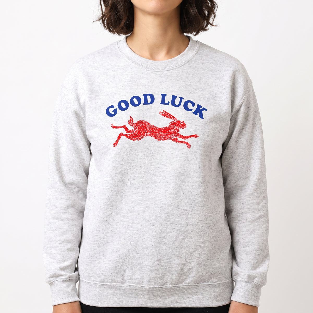 Model wearing the Running Rabbit sweatshirt in Ash, cover image 1