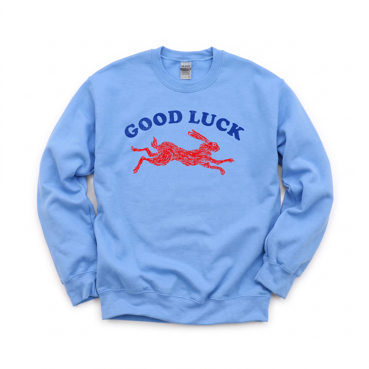 Running Rabbit graphic on Gildan 18000 in Carolina Blue
