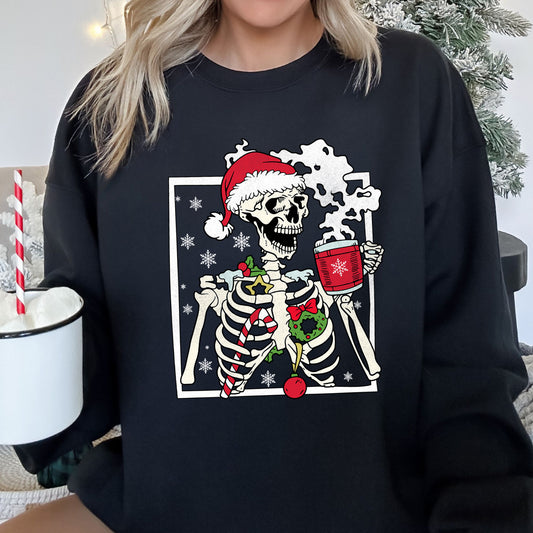 Santa Skeleton Coffee, Retro, Christmas Sweatshirt