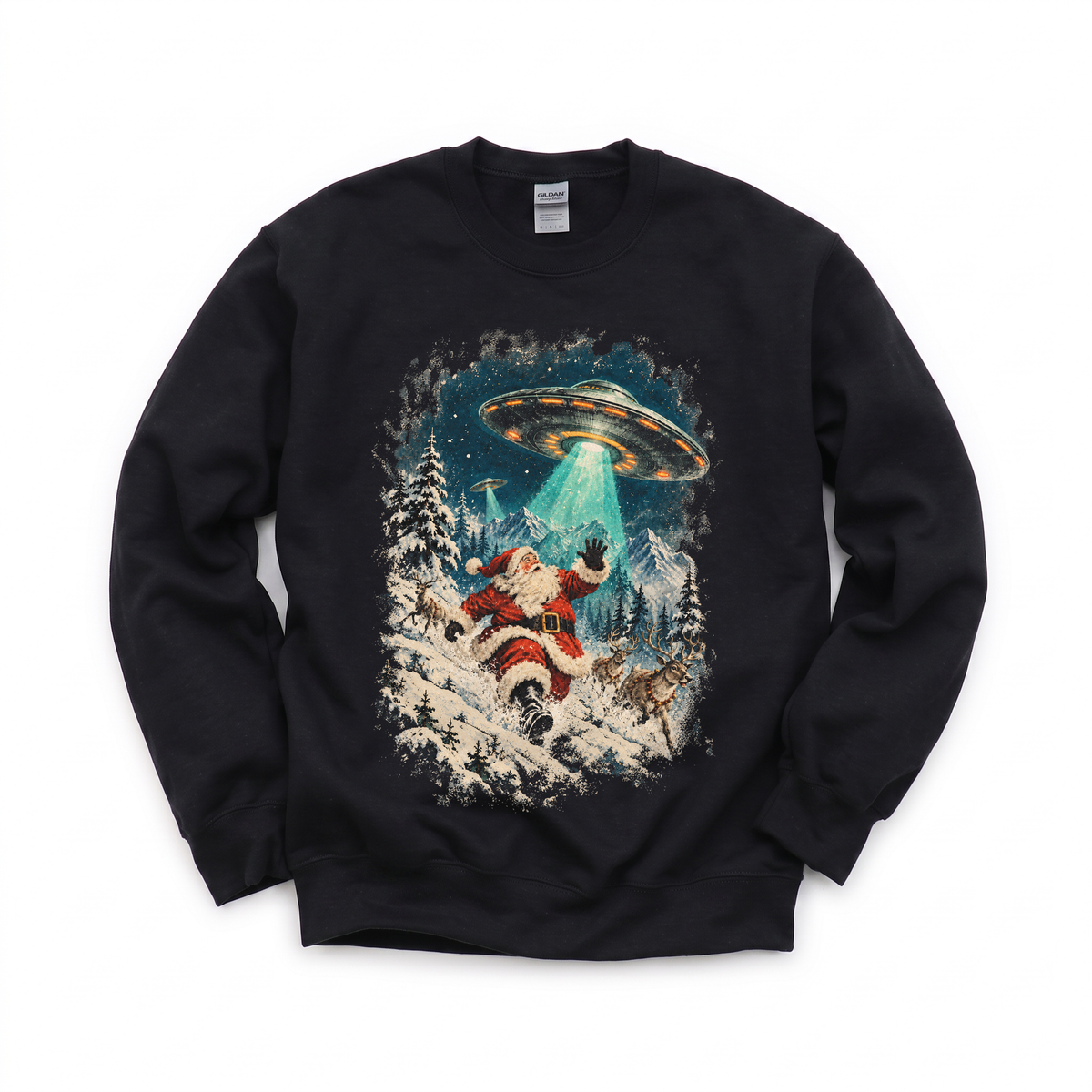 Santa Abduction graphic on Gildan 18000 in Black