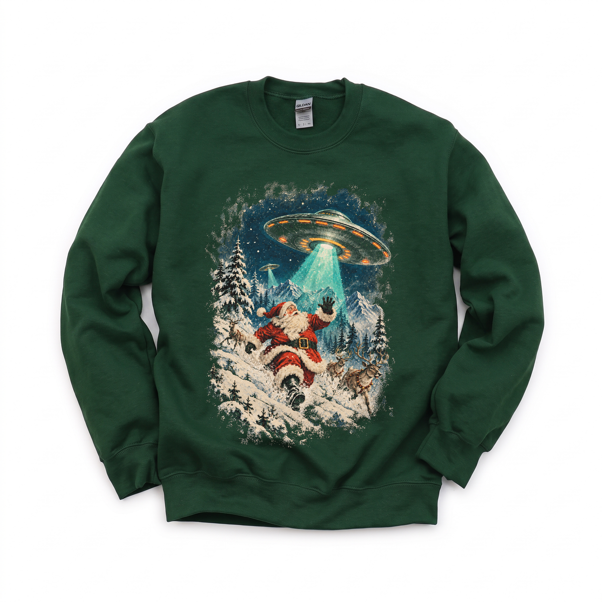 Santa Abduction graphic on Gildan 18000 in Forest Green