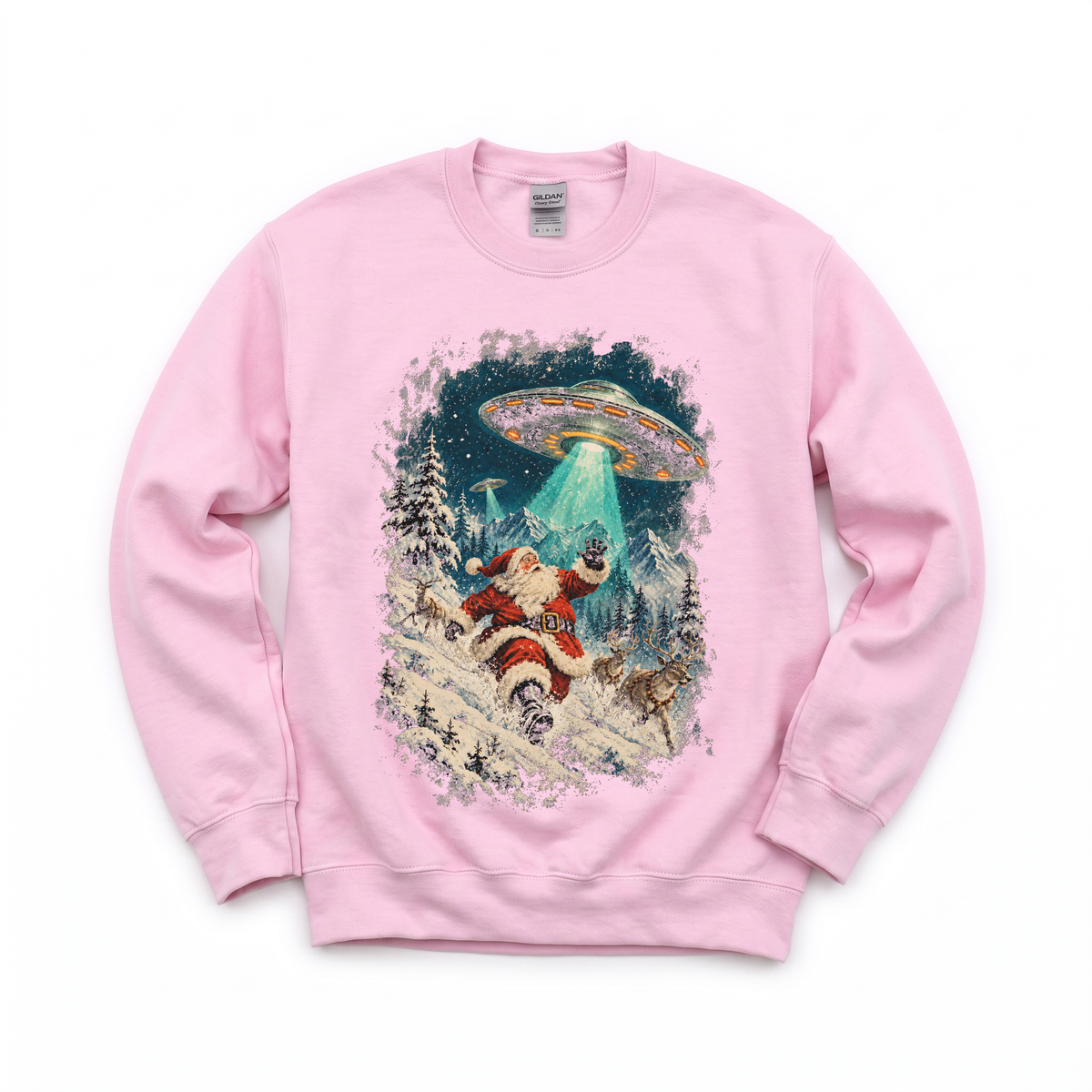 Santa Abduction graphic on Gildan 18000 in Light Pink