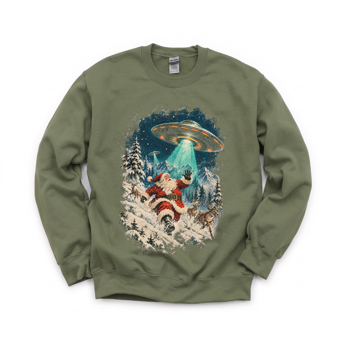 Santa Abduction graphic on Gildan 18000 in Military Green