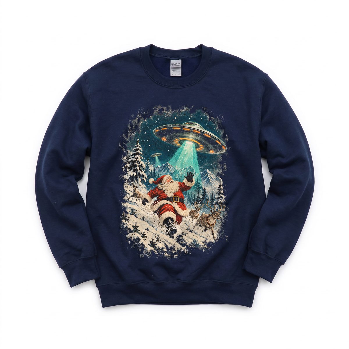 Santa Abduction graphic on Gildan 18000 in Navy