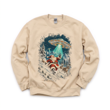 Santa Abduction graphic on Gildan 18000 in Sand
