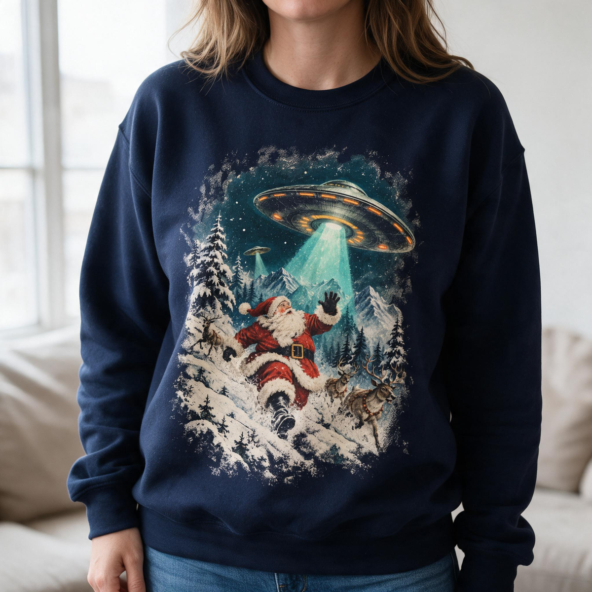 Model wearing the Santa Abduction sweatshirt in Navy