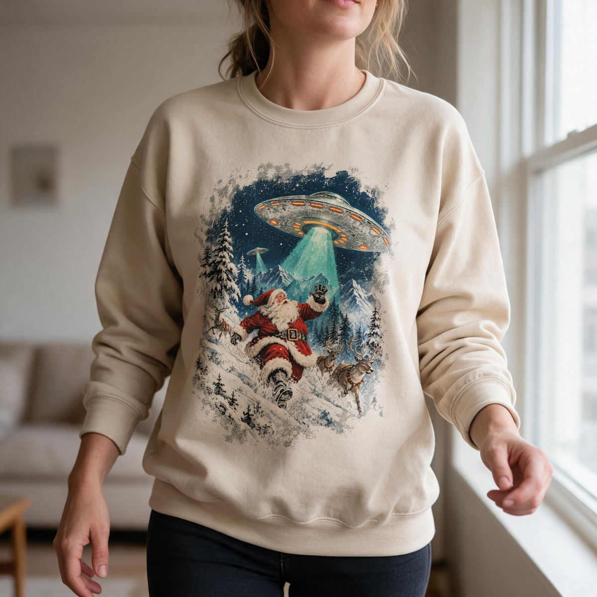 Model wearing the Santa Abduction sweatshirt in Sand, lifestyle image 1