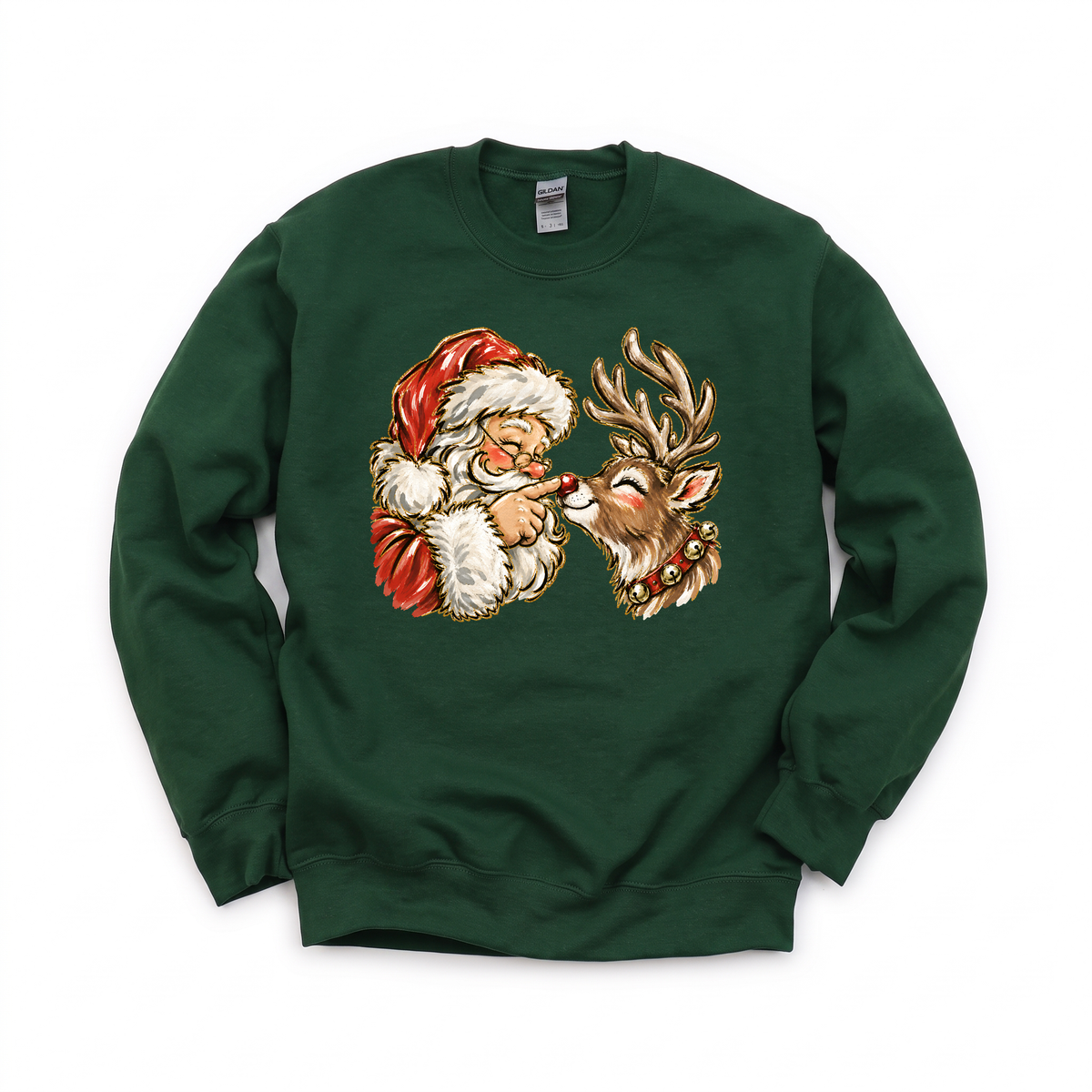 Santa Rudolph Nose Touch graphic on Gildan 18000 in Forest Green