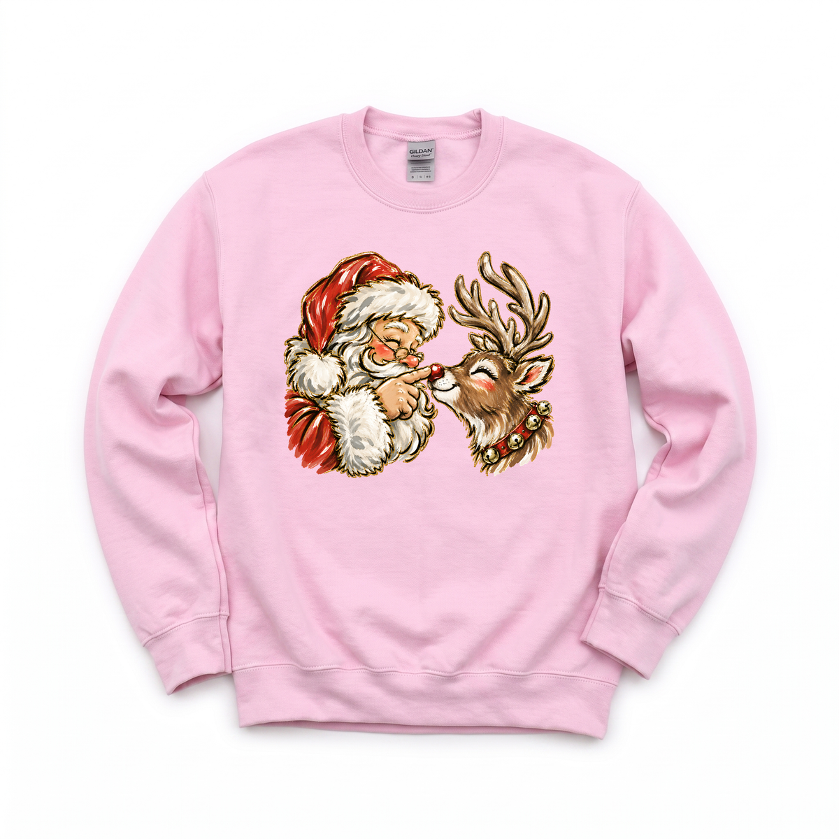 Santa Rudolph Nose Touch graphic on Gildan 18000 in Light Pink