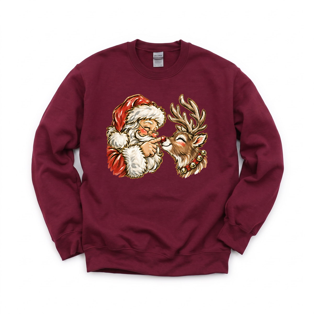 Santa Rudolph Nose Touch graphic on Gildan 18000 in Maroon