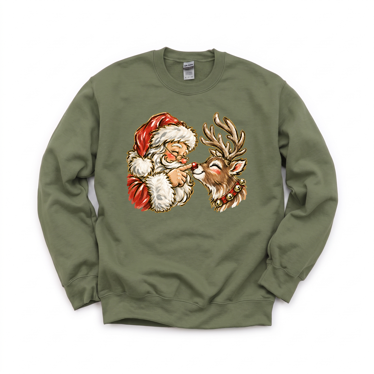 Santa Rudolph Nose Touch graphic on Gildan 18000 in Military Green