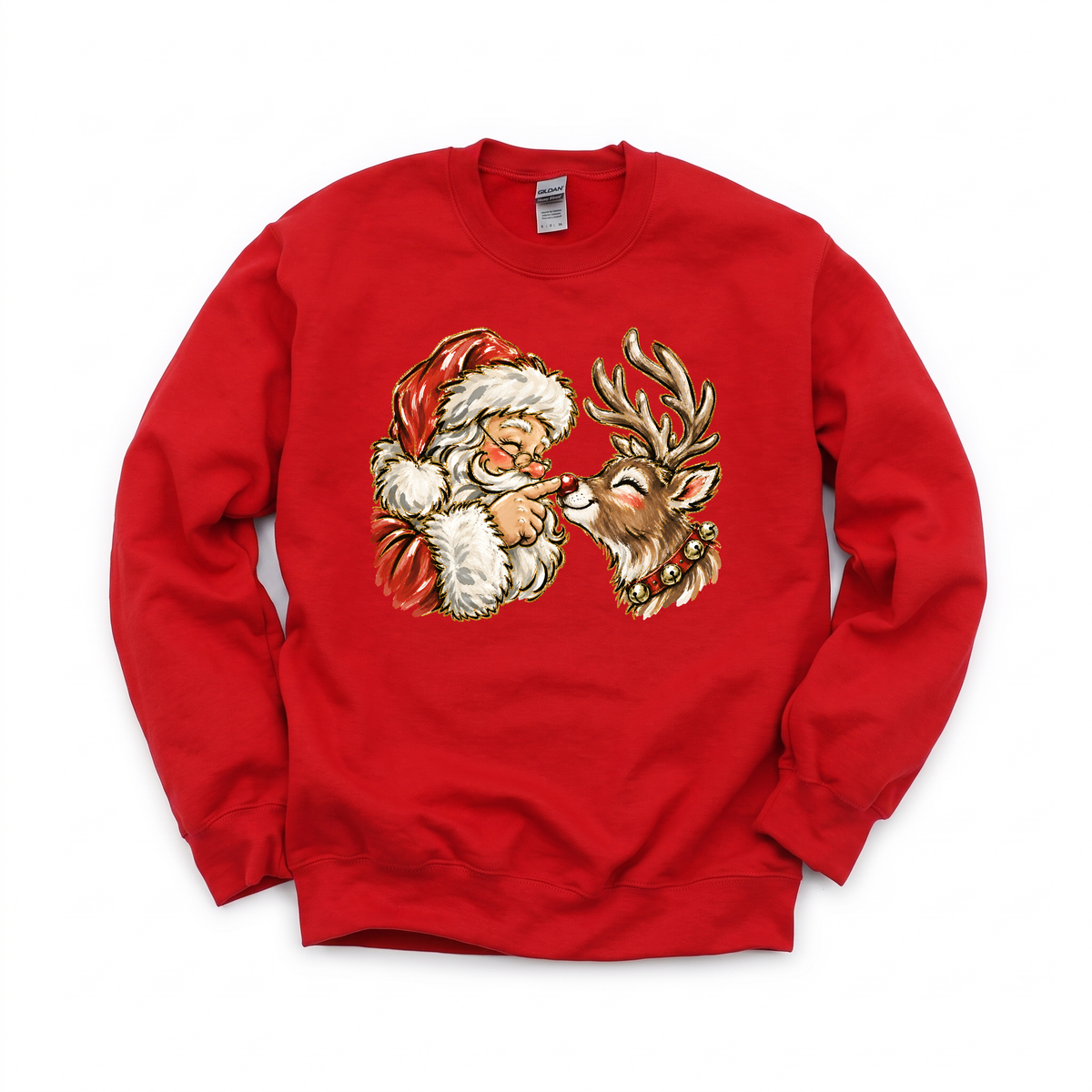 Santa Rudolph Nose Touch graphic on Gildan 18000 in Red