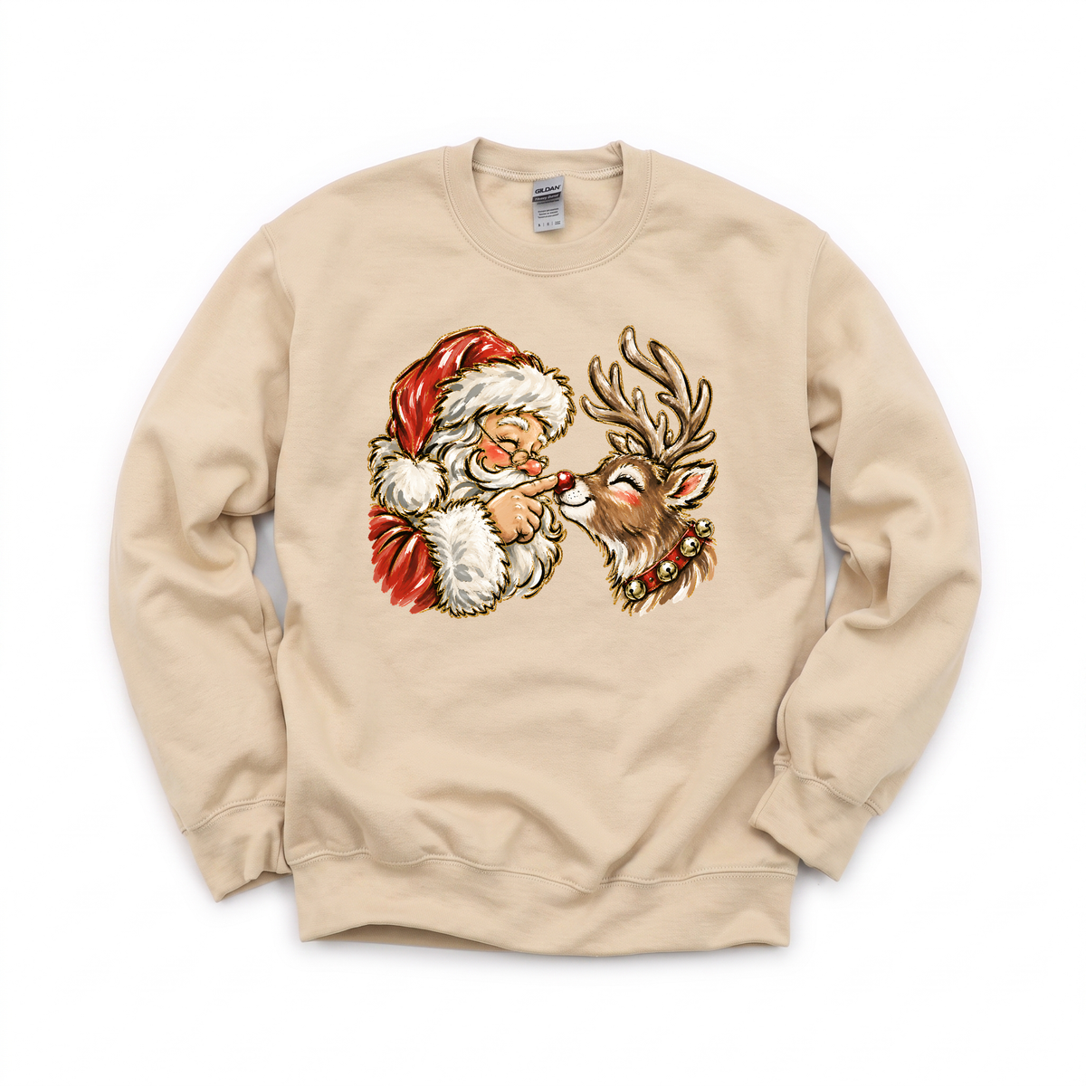 Santa Rudolph Nose Touch graphic on Gildan 18000 in Sand