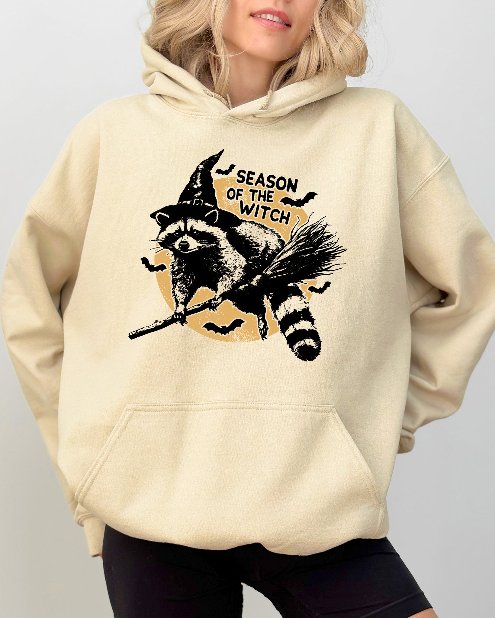 Season Of The Witch, Cute Raccoon, Halloween, Meme, Bats, Moon, Spooky, Feral Hooded Sweatshirt