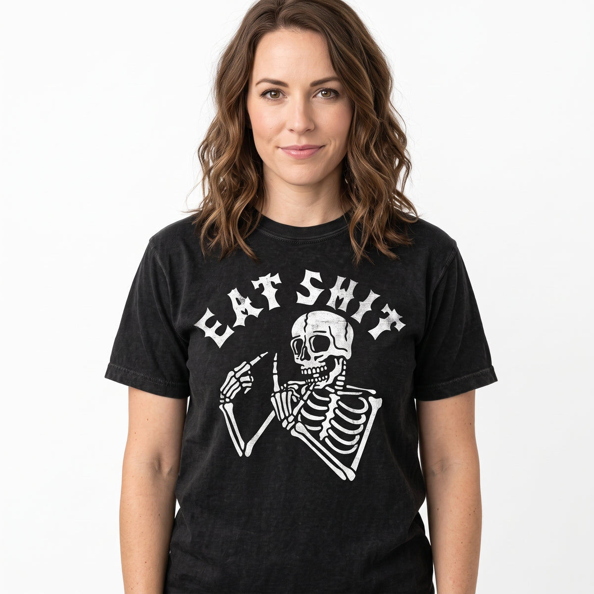 Model wearing the Skeleton Flipping Off comfort colors tee in Black, cover image 1