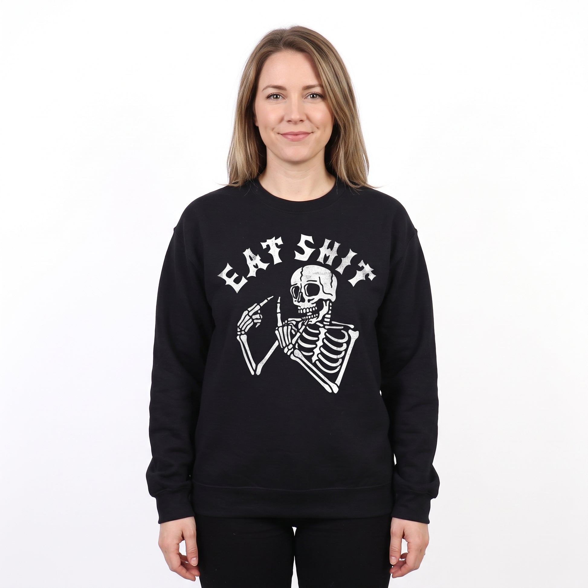 Model wearing the Skeleton Flipping Off sweatshirt in Black, cover image 1