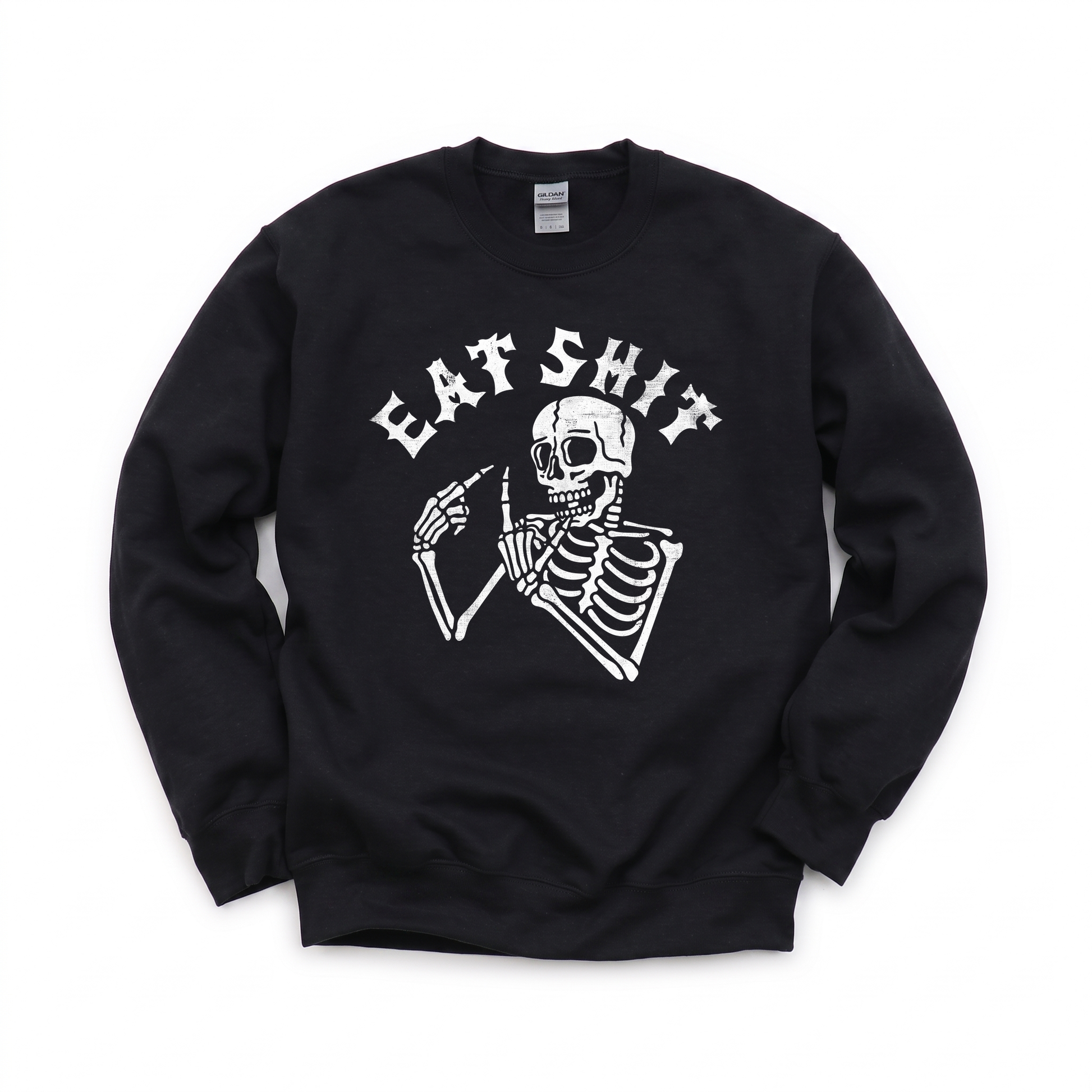 Skeleton Flipping Off graphic on Gildan 18000 in Black