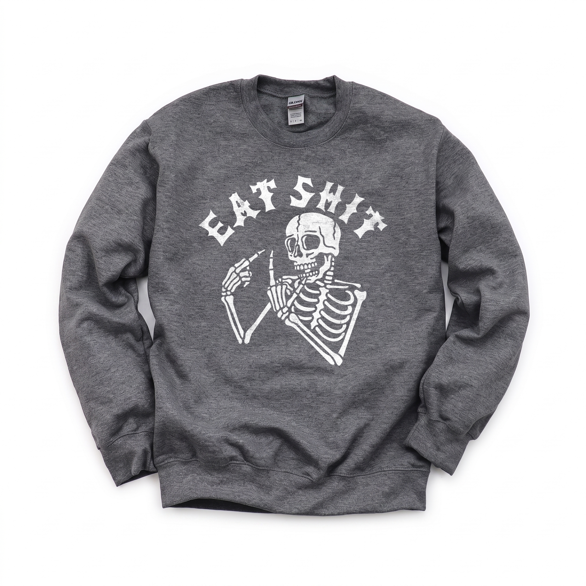 Skeleton Flipping Off graphic on Gildan 18000 in Dark Heather