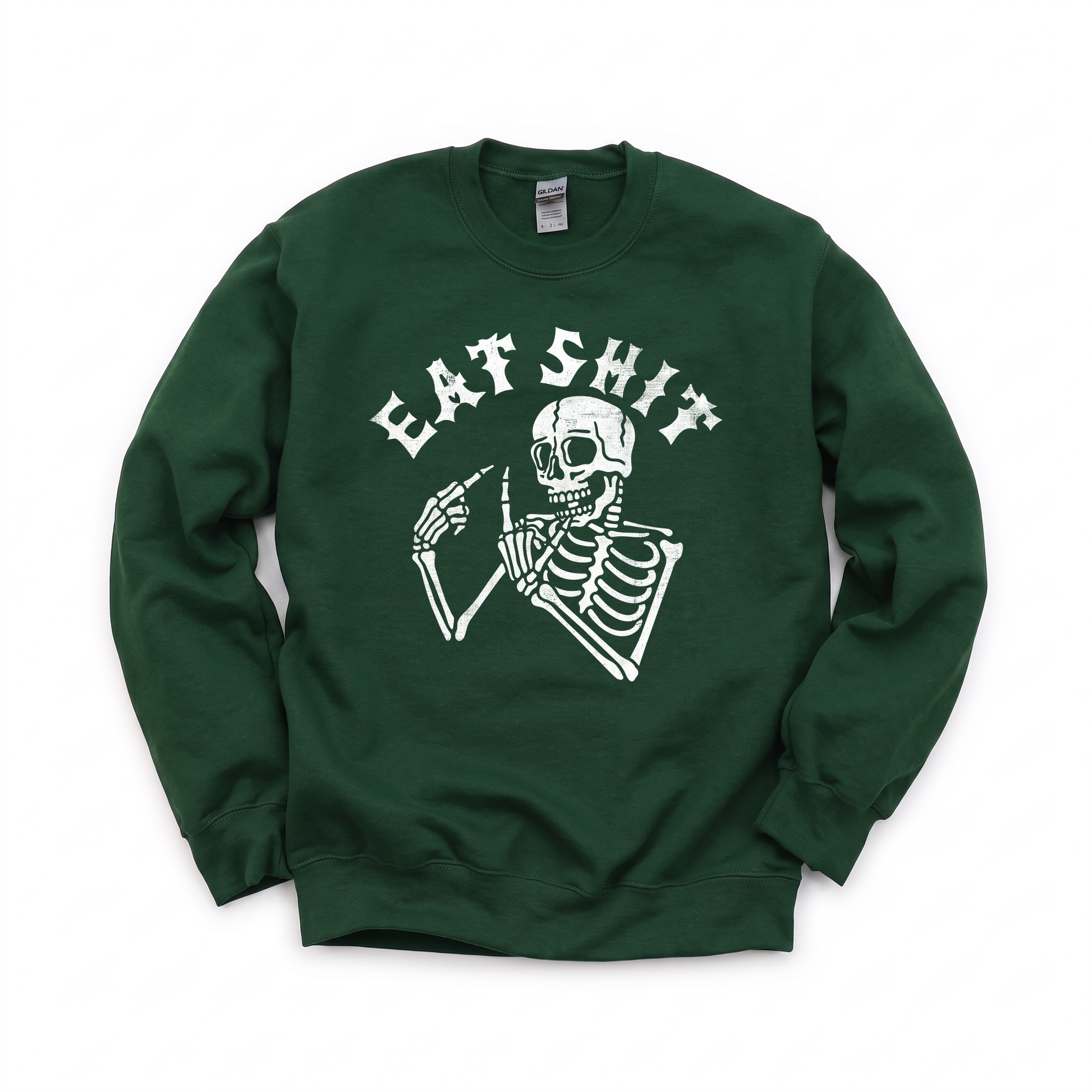Skeleton Flipping Off graphic on Gildan 18000 in Forest Green