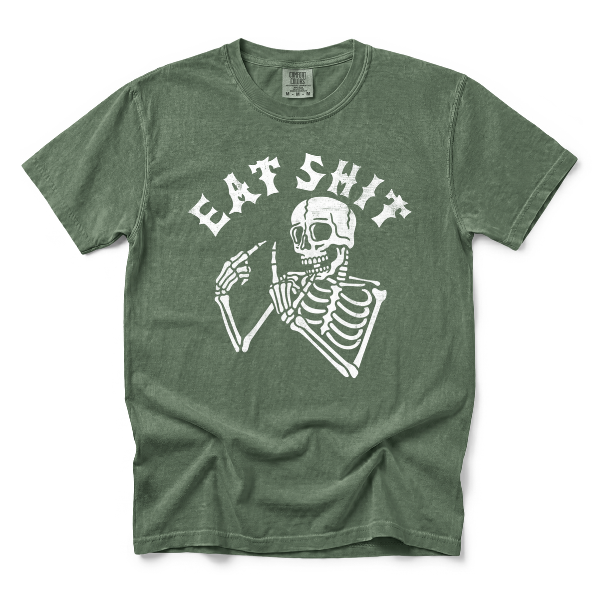 Skeleton Flipping Off graphic on Comfort Colors 1717 in Moss
