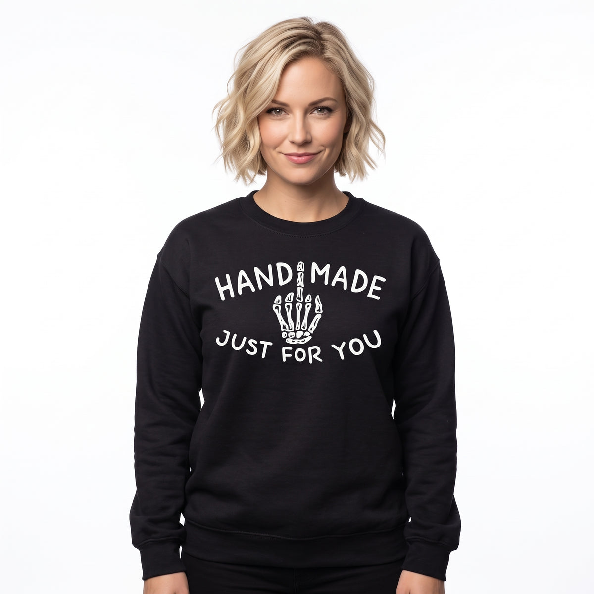 Model wearing the Skeleton Middle Finger sweatshirt in Black, cover image 1