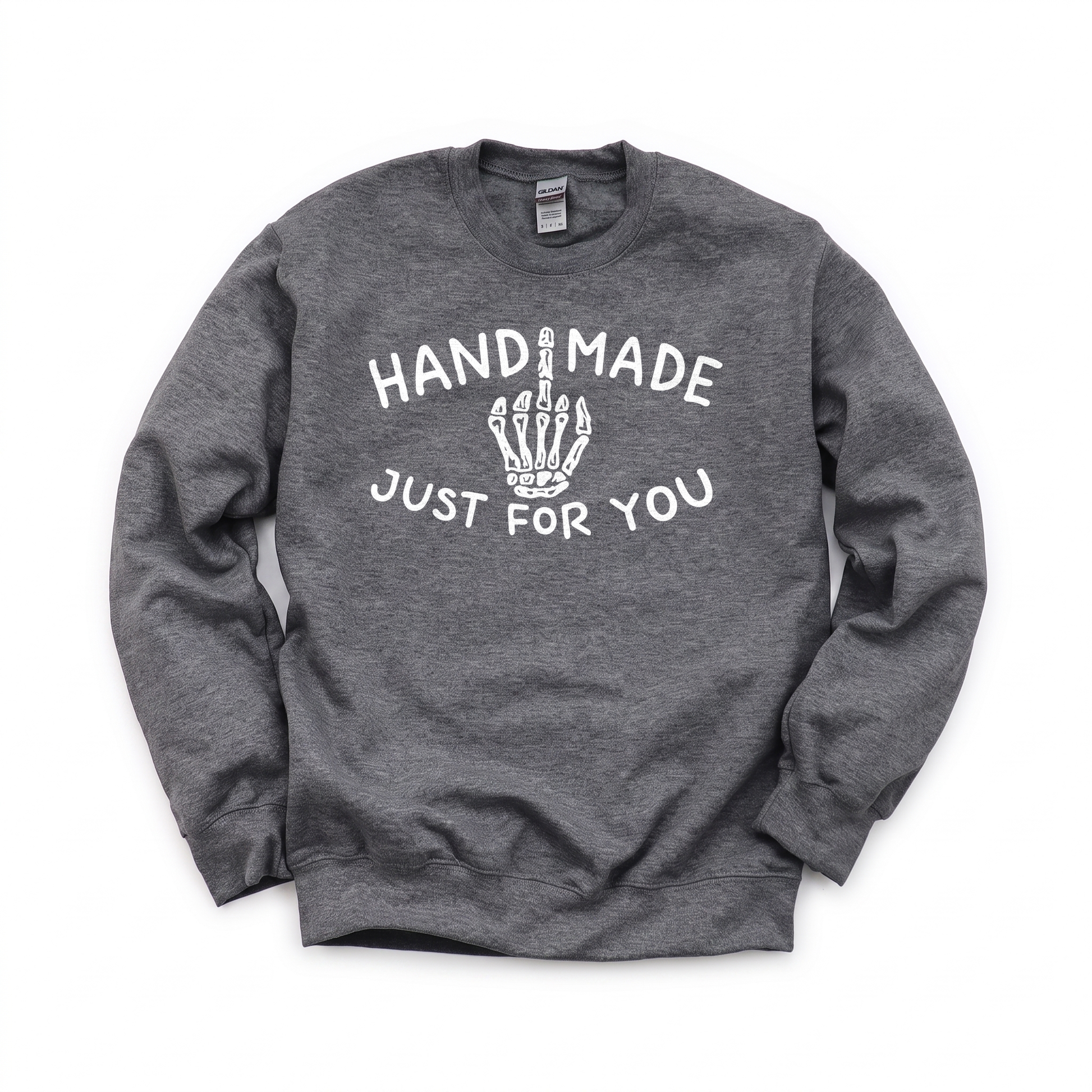 Skeleton Middle Finger graphic on Gildan 18000 in Dark Heather