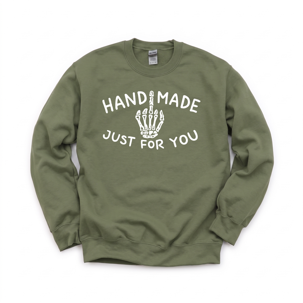 Skeleton Middle Finger graphic on Gildan 18000 in Military Green