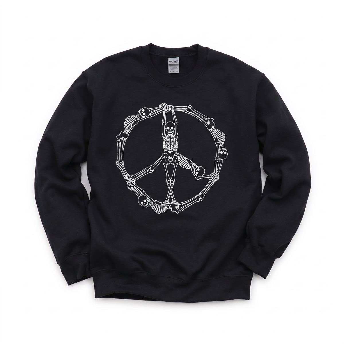 Skeleton Peace Sign graphic on Gildan 18000 in Black