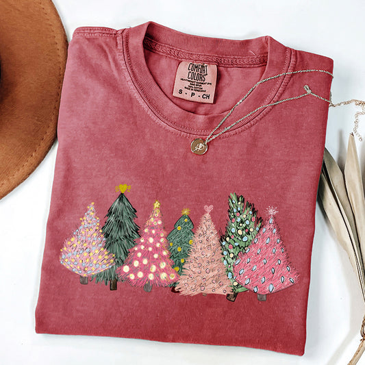 Sketched Christmas Trees, Christmas Heart, Vibrant, Winter, Snow, Xmas Tshirt