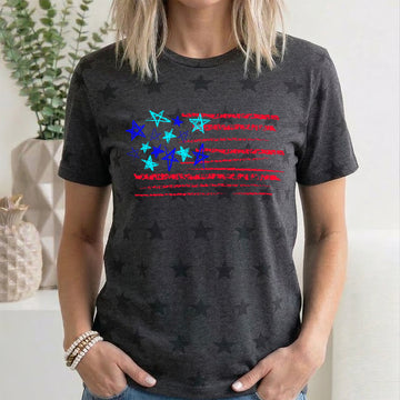 Sketched Flag, Fourth of July, America, Patriotic, USA, Star Pattern T-Shirt
