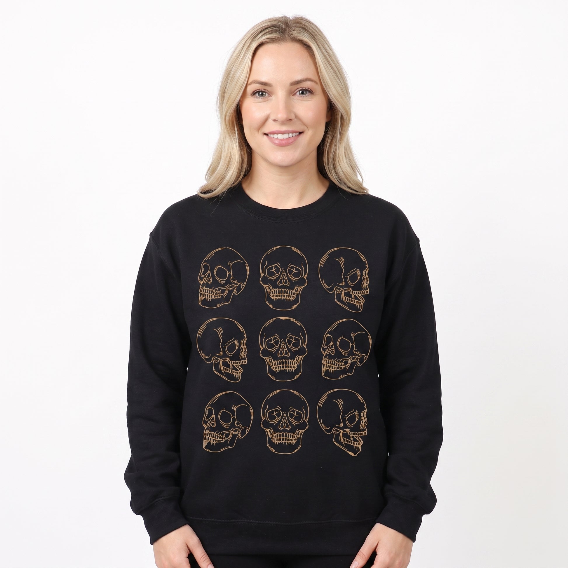 Model wearing the Skull Pattern sweatshirt in Black