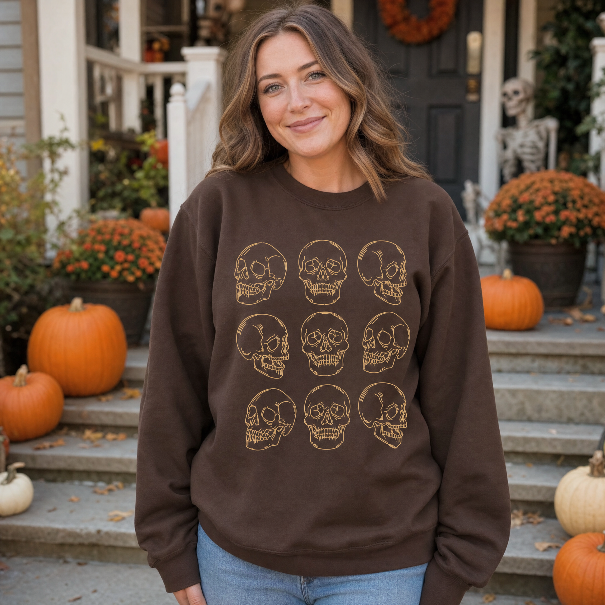 Model wearing the Skull Pattern sweatshirt in Dark Chocolate