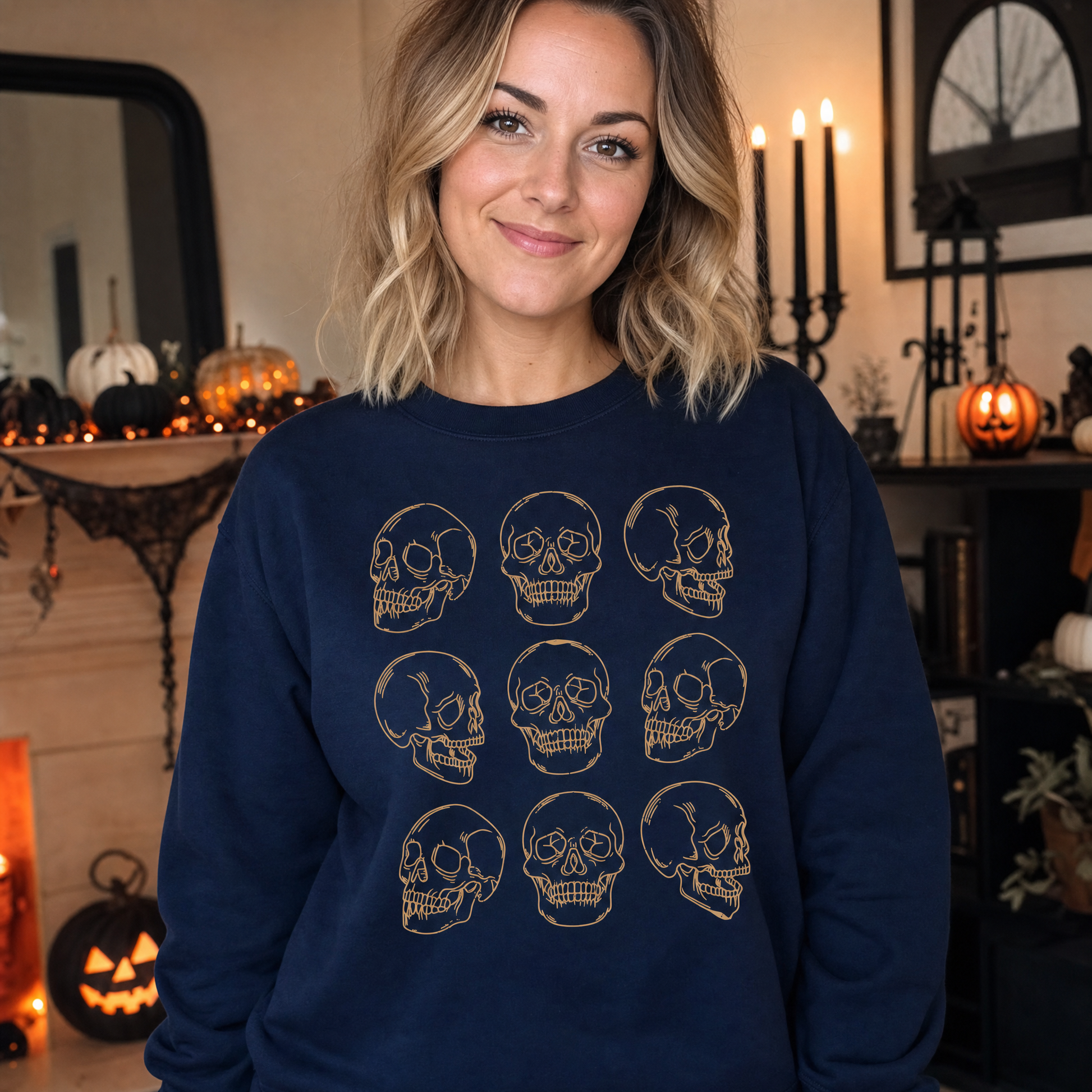 Model wearing the Skull Pattern sweatshirt in Navy