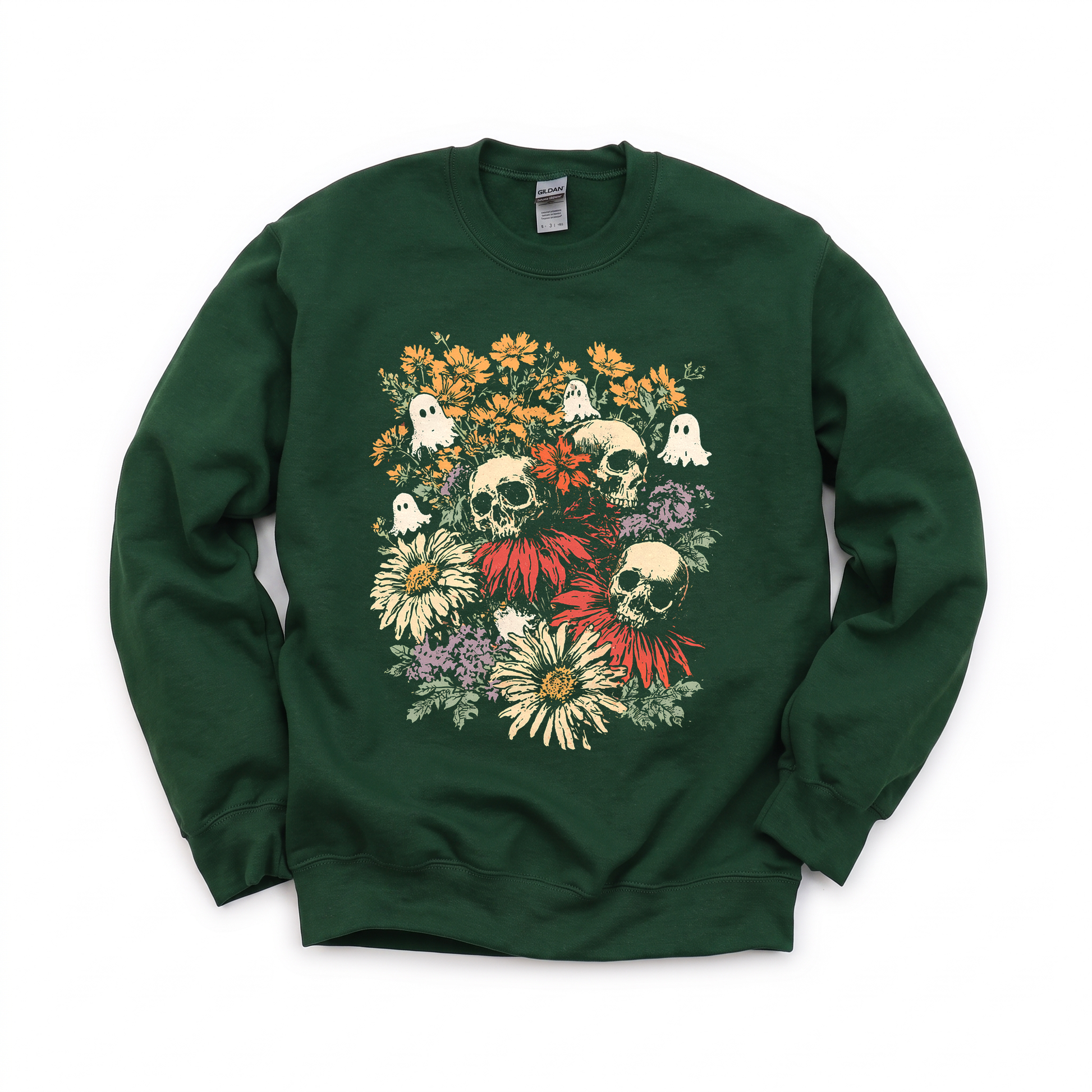 Skulls graphic on Gildan 18000 in Forest Green