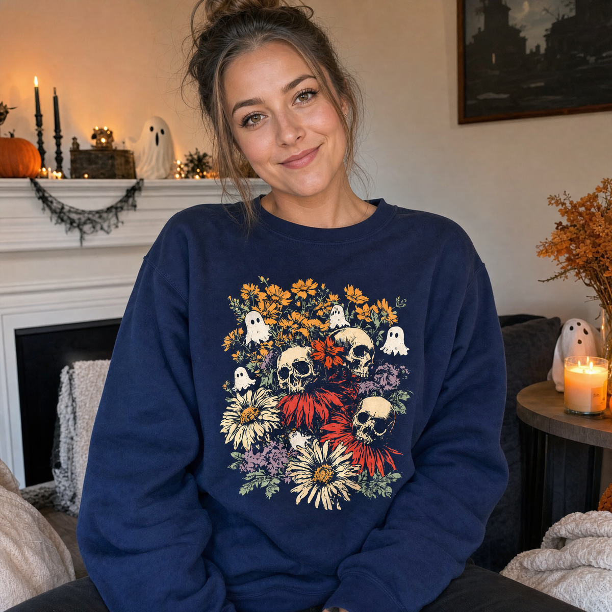 Model wearing the Skulls sweatshirt in Navy