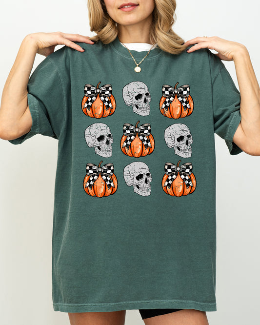 Skulls and Checkered Pumpkins, Coquette Ribbons and Bows, Halloween, Fall, Autumn Shirt