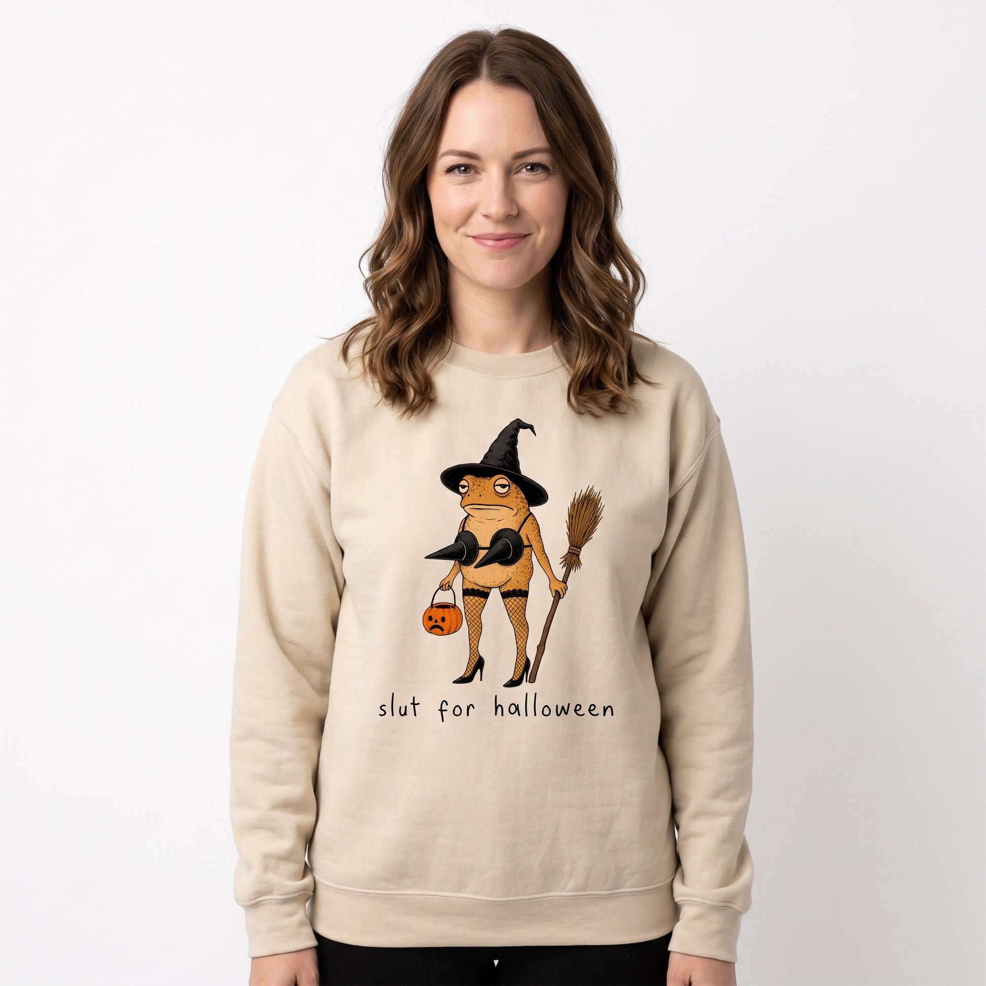 Model wearing the Slut For Halloween sweatshirt in Sand, cover image 1