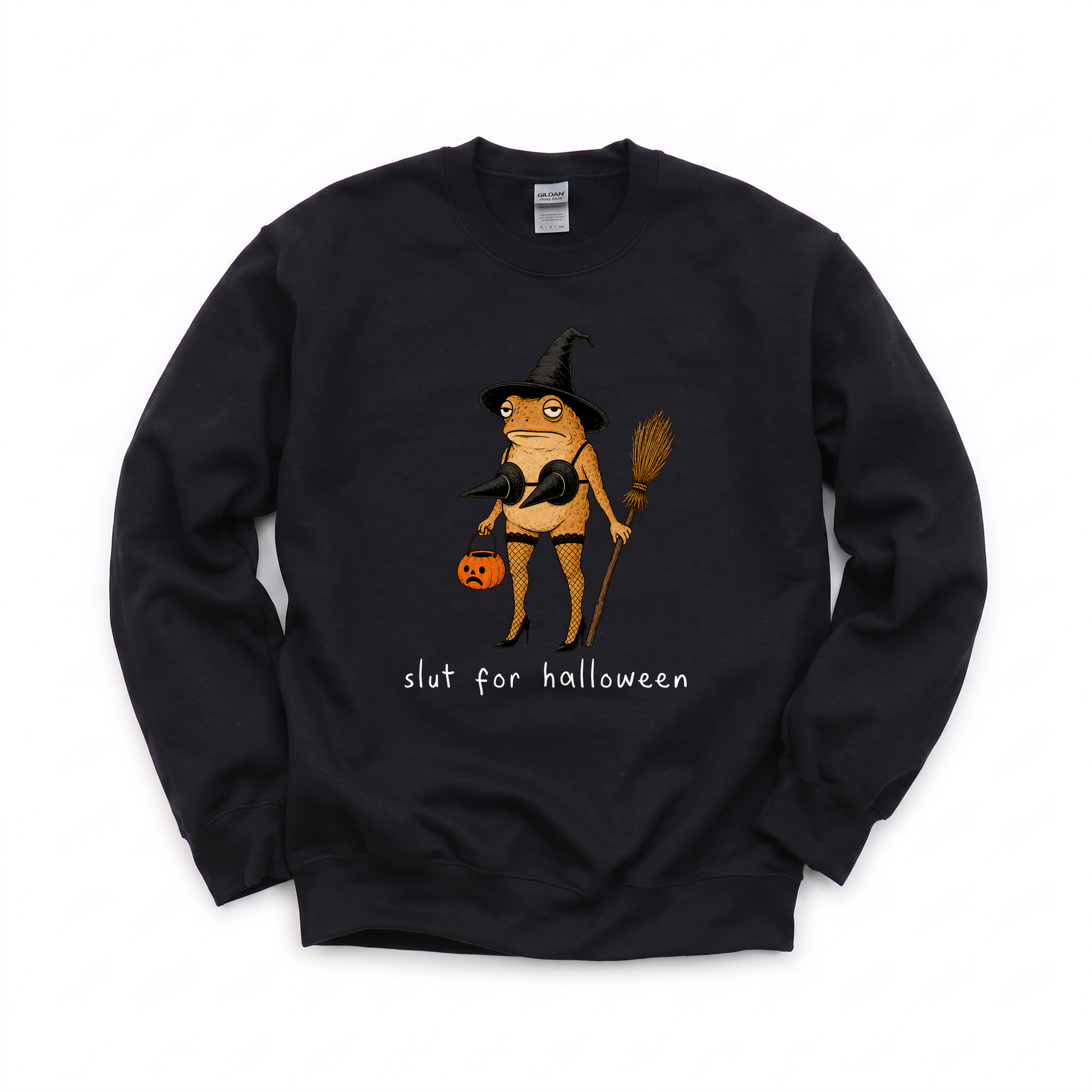 Slut For Halloween graphic on Gildan 18000 in Black