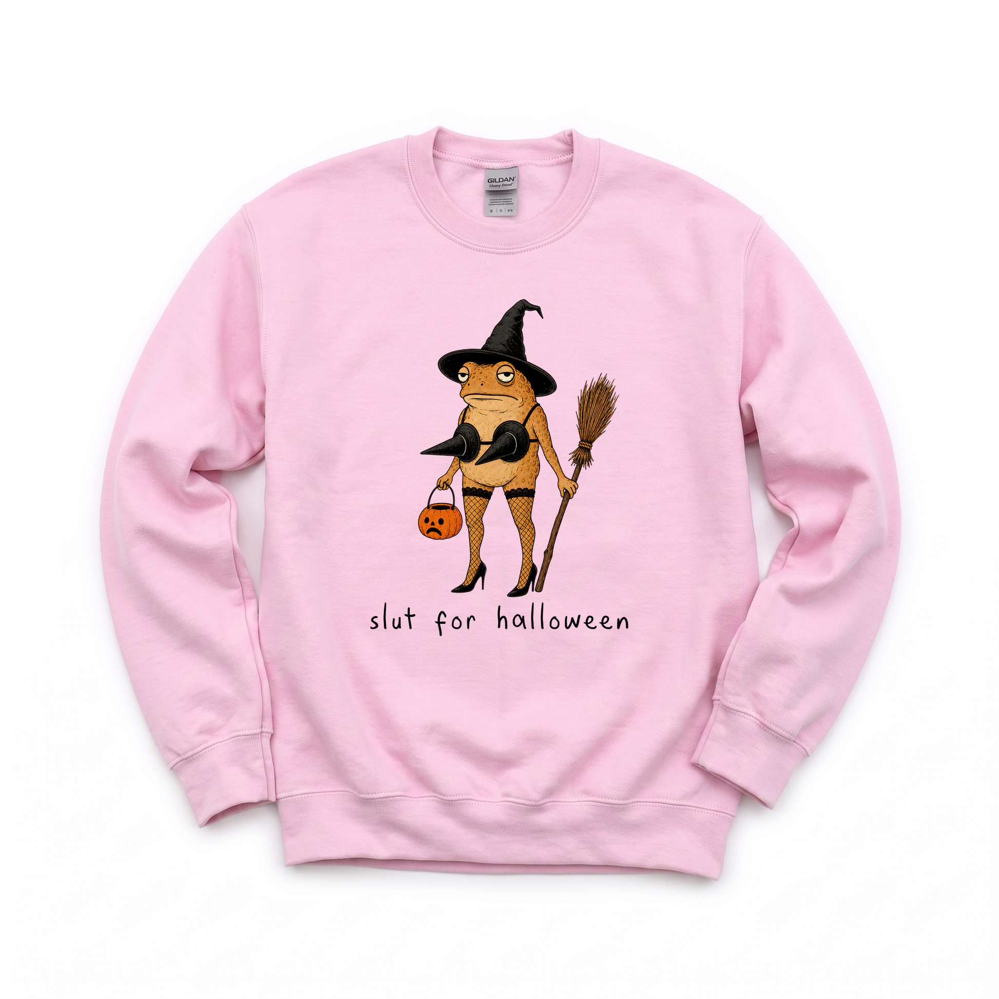 Slut For Halloween graphic on Gildan 18000 in Light Pink