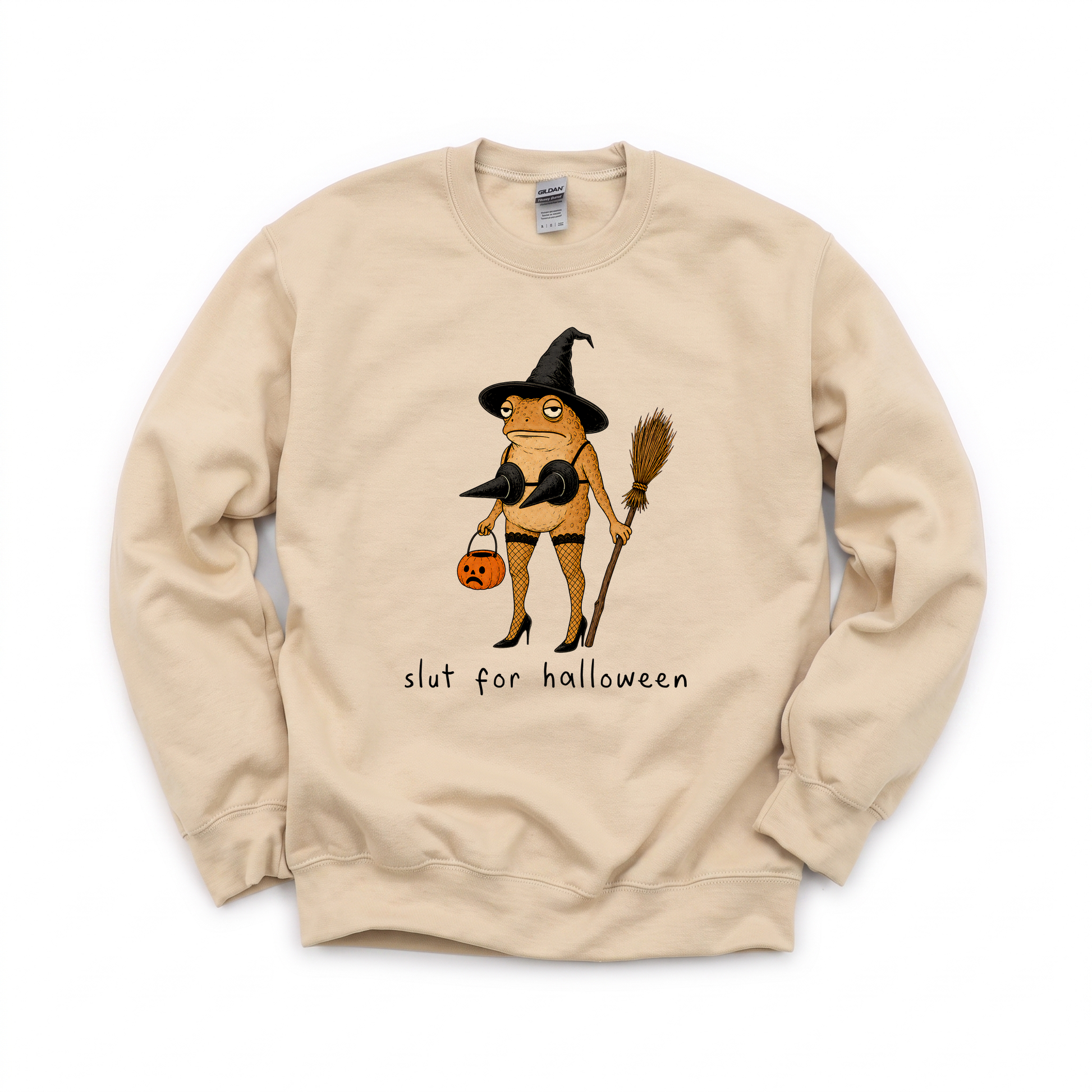 Slut For Halloween graphic on Gildan 18000 in Sand